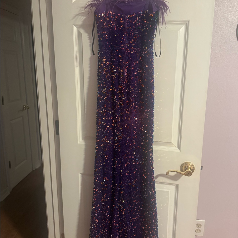 Purple Sequin Gown with Feather Detail